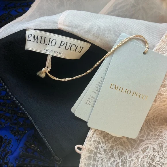 Emilio Pucci Blush Lace Beaded Bird Sleeveless Blue Scallop Shell Dress size 14 - Picture 11 of 15